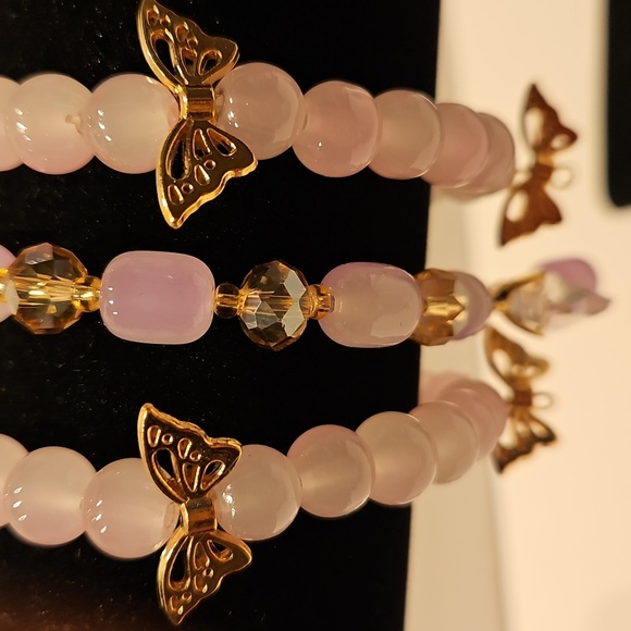 3 Pale Pink Glass, Crystal & Butterfly Accents Stretch Beaded Bracelet Set - Picture 1 of 7